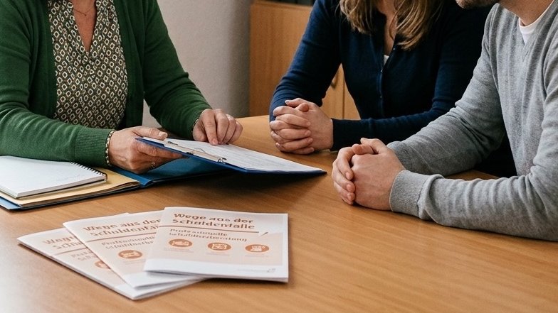 Beratungsgespräch mit Unterlagen am Tisch.